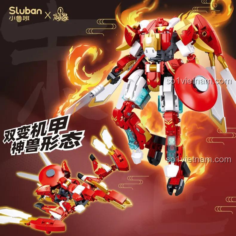 Đồ chơi mô hình Robot Biến Hình Chu Tước Sluban M38-B1277 với hai dạng cơ giáp và thần thú, phù hợp bé trai 8 tuổi, chất lượng cao.