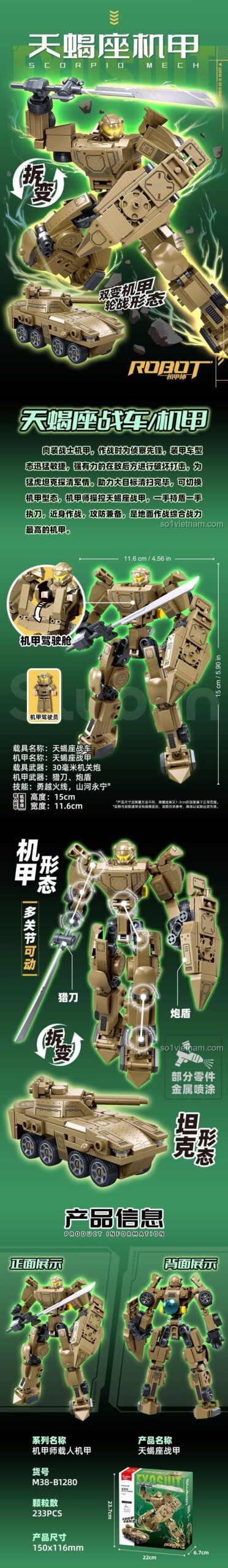 Mô hình Xe tăng từ bộ lắp ghép Sluban M38-B1280 Cơ Giáp Sư Thiên Yết