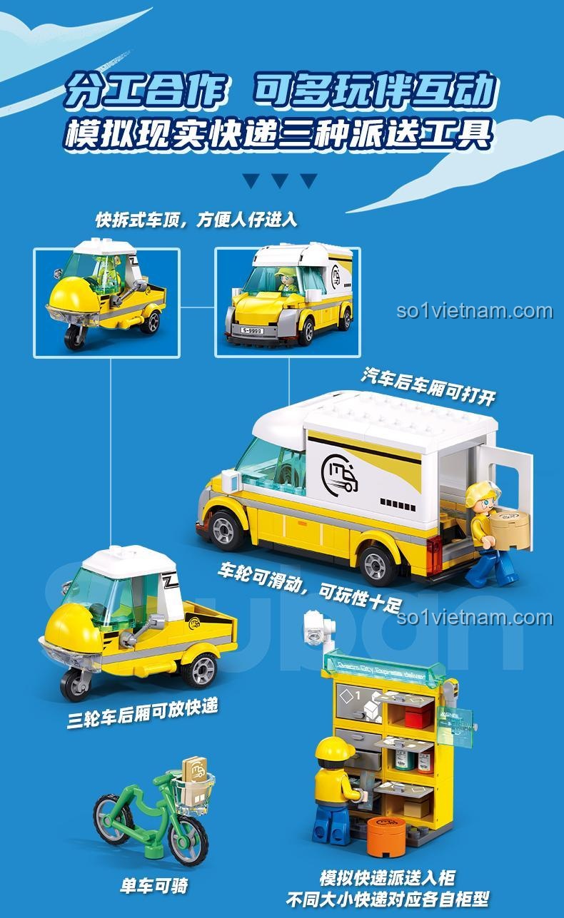 Chi tiết xe tải chuyển phát nhanh Sluban M38-B1290, xe ba bánh giao hàng và trạm trung chuyển bưu kiện, đồ chơi mô hình cho trẻ 6 tuổi, giá tốt.