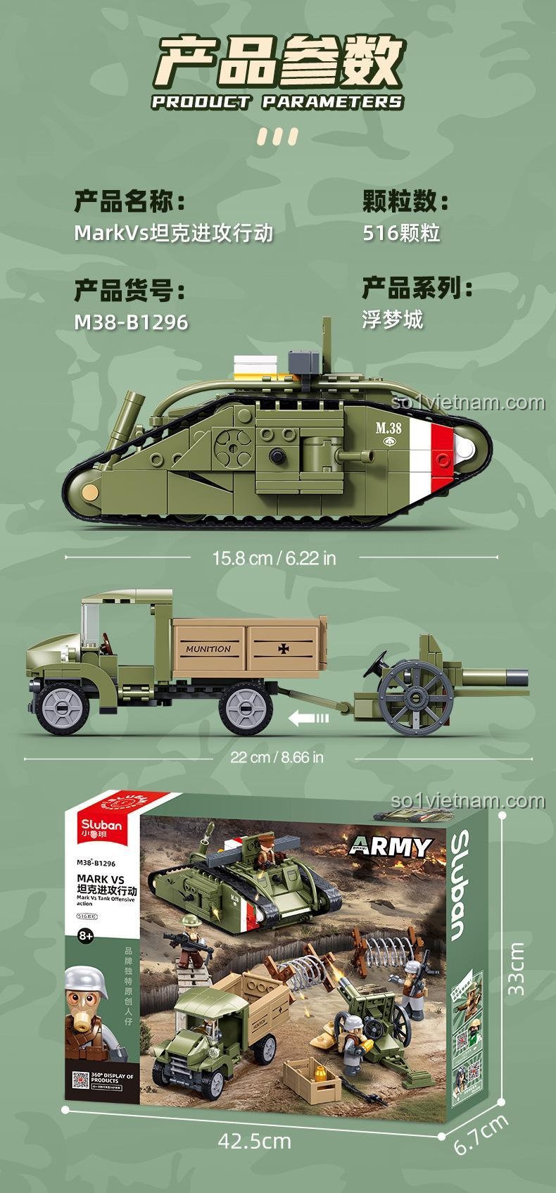 Kích thước chi tiết của đồ chơi mô hình Xe Tải Quân Sự M38 B1296 và xe tăng Mark V.