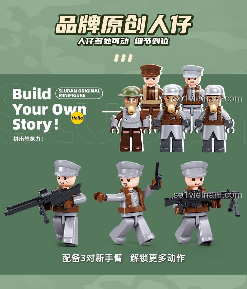 Minifigures độc đáo của đồ chơi lắp ráp Sluban M38B1296, có nhiều khớp nối và tay thay thế, phù hợp cho bé trai.