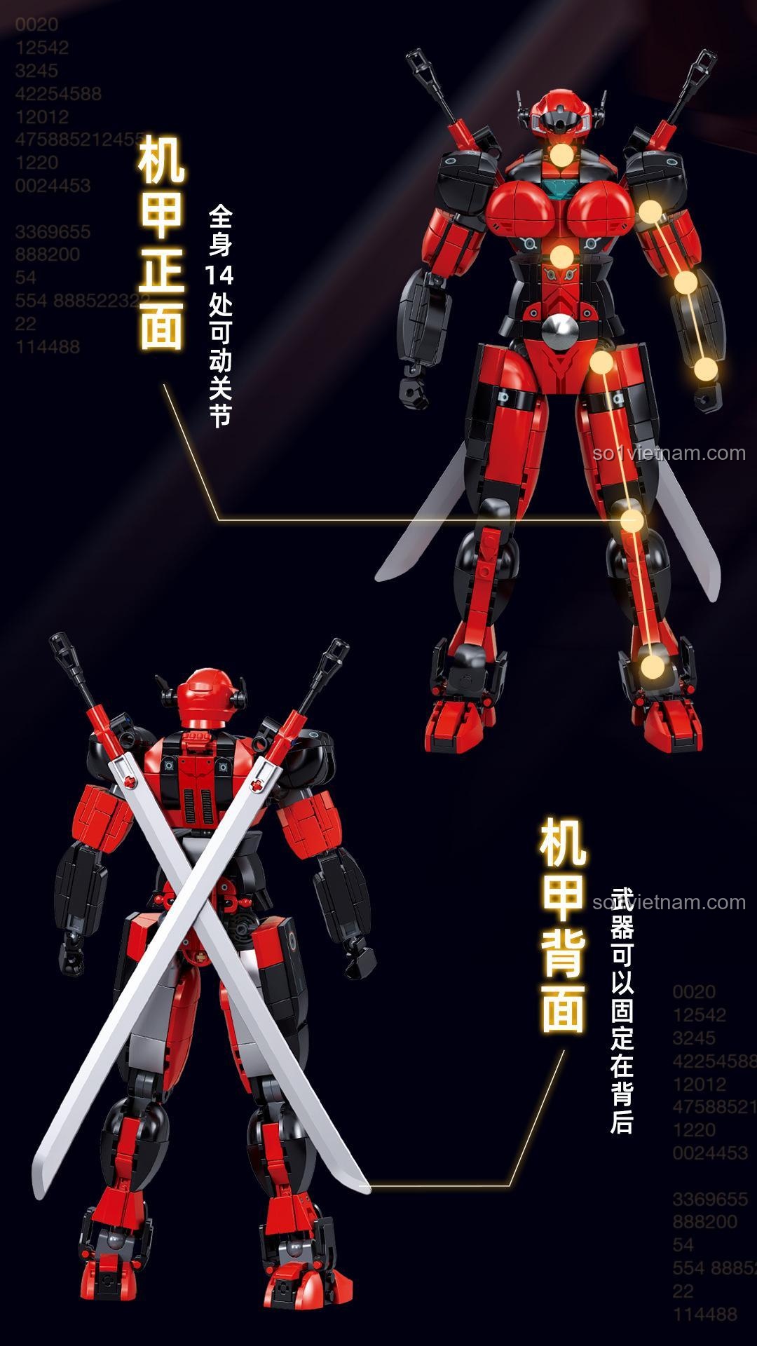 Các chi tiết khớp nối và decal của đồ chơi mô hình Robot Vĩnh Sinh Đao, giúp tăng độ chân thực.