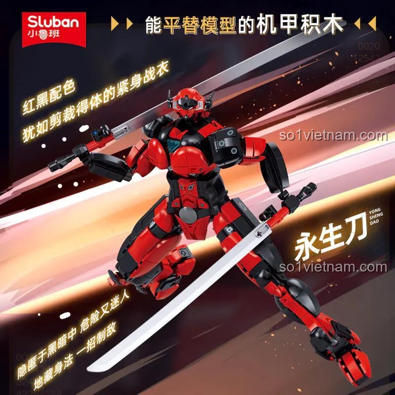 Mô hình Mecha Vĩnh Sinh Đao Sluban tạo dáng chiến đấu với song kiếm, đồ chơi sáng tạo cho bé trai 14 tuổi.