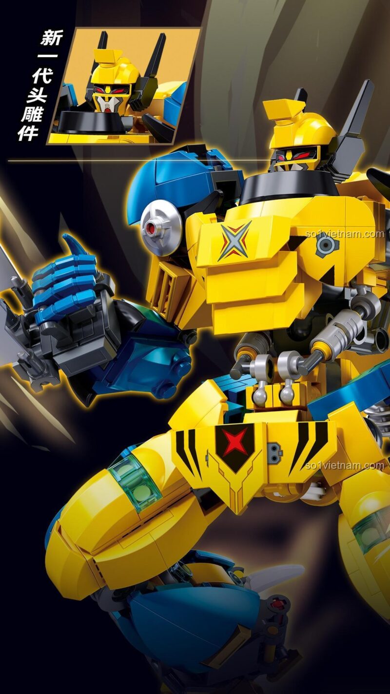 Cận cảnh chi tiết phần đầu và ngực của Robot chiến binh Người Sói 1298, thể hiện độ tinh xảo của các mảnh ghép.