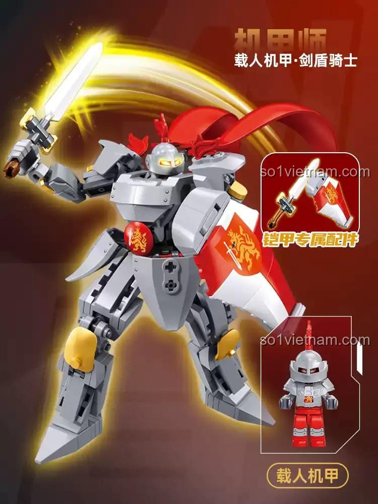 Chi tiết phụ kiện độc quyền của bộ lắp ráp M38-B1309 Robot Chiến Binh Trung Cổ, bao gồm kiếm, khiên và minifigure.