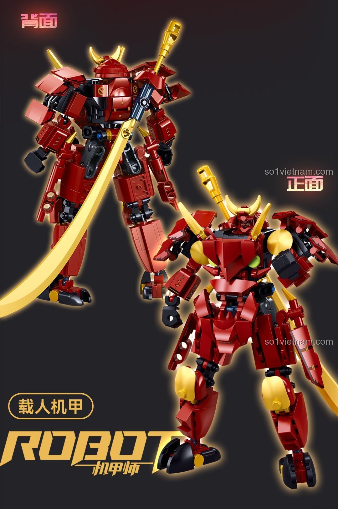 Hình ảnh nhìn từ phía trước và sau của bộ đồ chơi Sluban B1311 Robot Oni Musha, chất lượng cao.