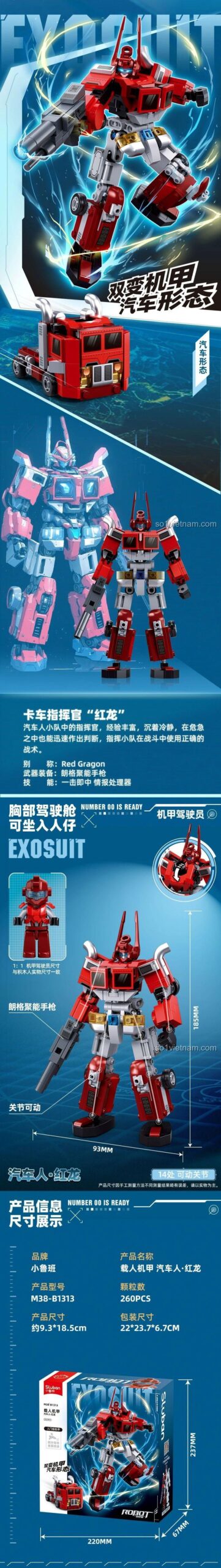 Robot Rồng Đỏ Biến Hình Sluban M38-B1313 và xe tải, đồ chơi lắp ghép robot chiến đấu cho bé trai 6 tuổi, robot biến hình 2 trong 1, giá tốt