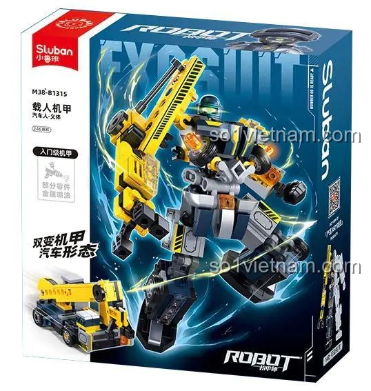 Hộp sản phẩm Robot Cơ Giáp Sluban M38-B1315, bộ lắp ghép 246 mảnh, dành cho bé trai 6 tuổi, có hình ảnh robot và xe cẩu.