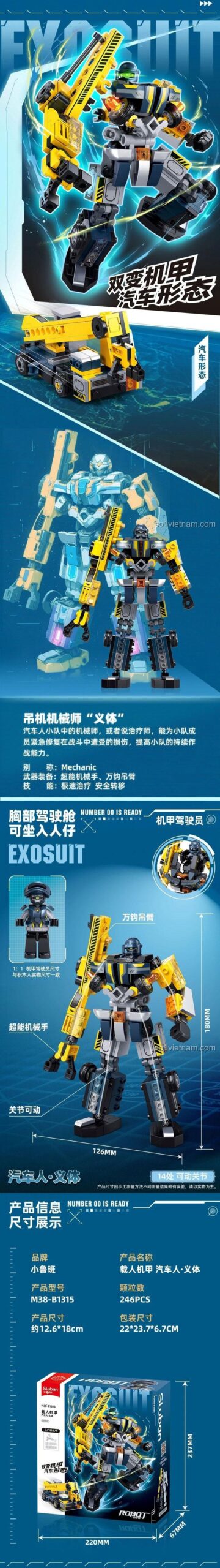 Robot Cơ Giáp Sluban M38-B1315 và xe cẩu đi kèm, bộ đồ chơi lắp ráp 246 mảnh, phù hợp cho bé trai 6 tuổi, phát triển kỹ năng vận động tinh.