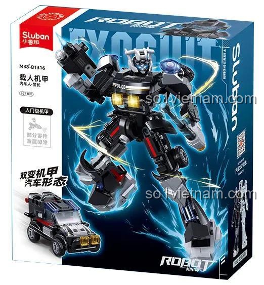 Hộp đựng sản phẩm Robot Cảnh Sát Biến Hình Sluban M38-B1316, đồ chơi lắp ghép robot cảnh sát, đồ chơi biến hình cho bé trai 6 tuổi, 247 mảnh, màu đen, trắng, xám, giá tốt