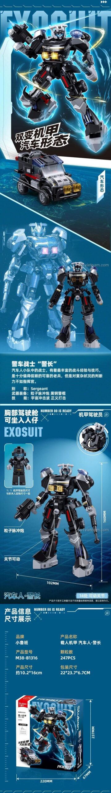 Robot Cảnh Sát Biến Hình và Xe Cảnh Sát Sluban M38-B1316, đồ chơi lắp ghép robot cảnh sát, đồ chơi biến hình cho bé trai 6 tuổi, 247 mảnh, màu đen, trắng, xám, giá tốt
