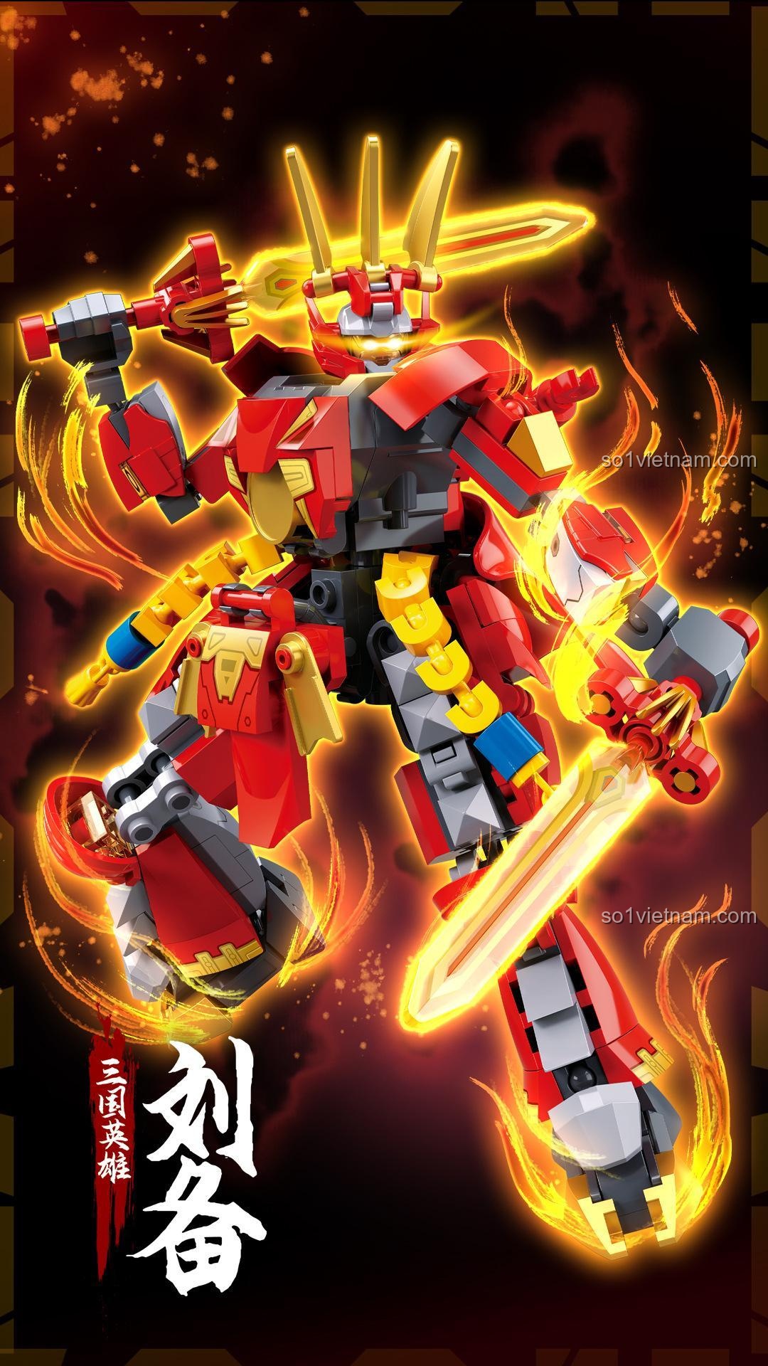 Mô hình Mecha Lưu Bị Sluban M38-B1318 trong tư thế chiến đấu, đồ chơi lắp ráp sáng tạo cho con trai 6 tuổi.