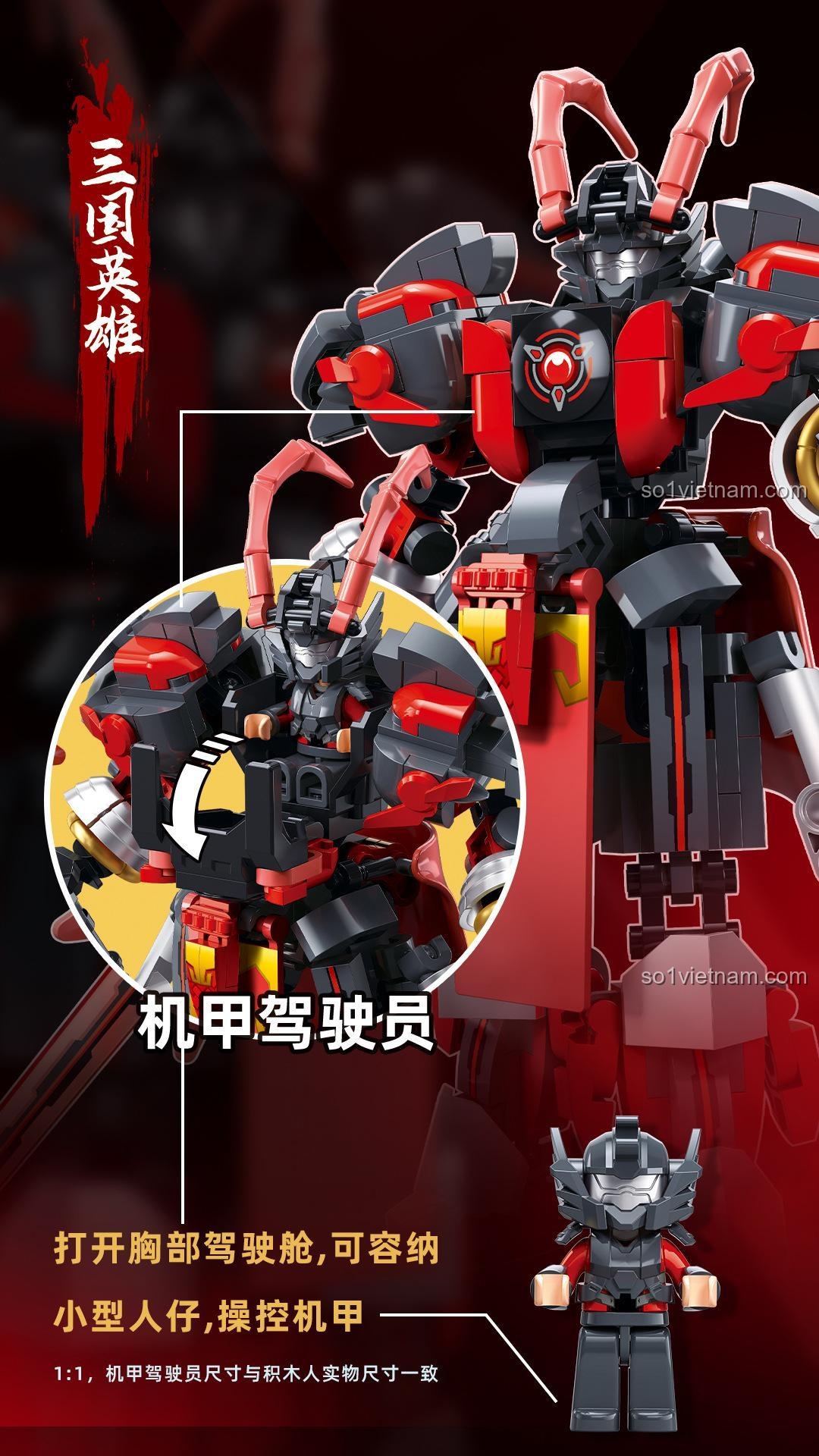 Lữ Bố Vô Song Quán Quân Sluban M38-B1321, buồng lái mở được chứa minifigure, đồ chơi robot mecha cho con trai 6 tuổi, giá tiết kiệm