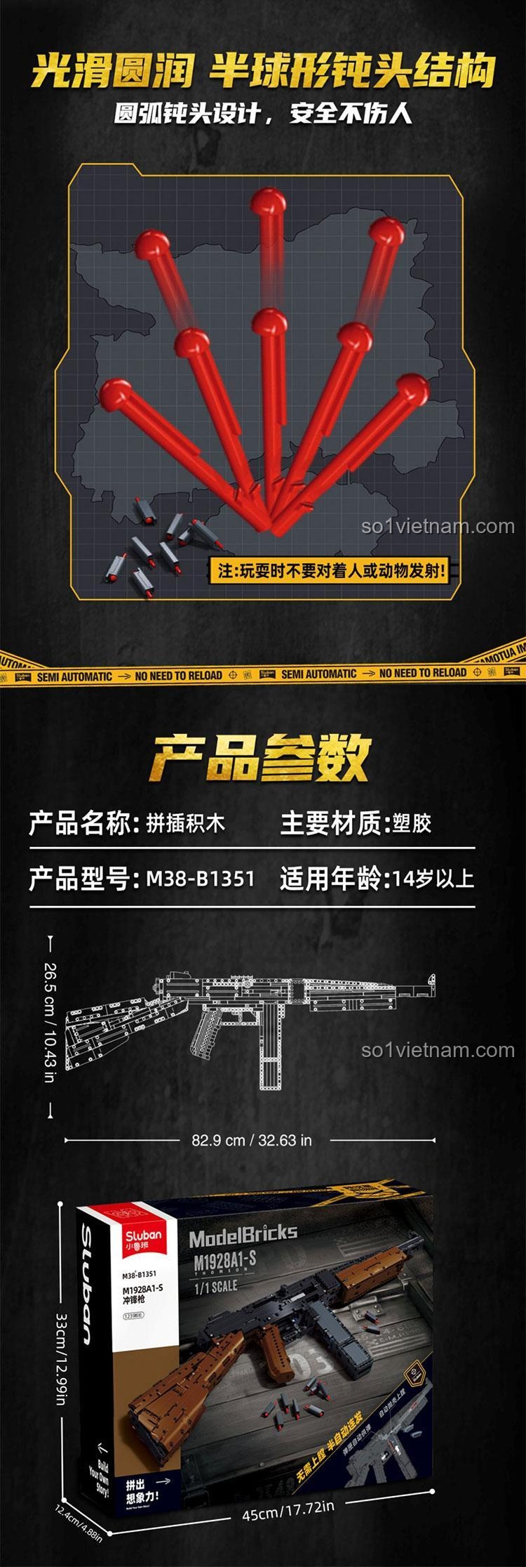 M38 B1351 Súng tiểu liên Thompson M1928A1-S, ảnh thể hiện kích thước mô hình 1:1 và đầu đạn an toàn, đáng tiền.