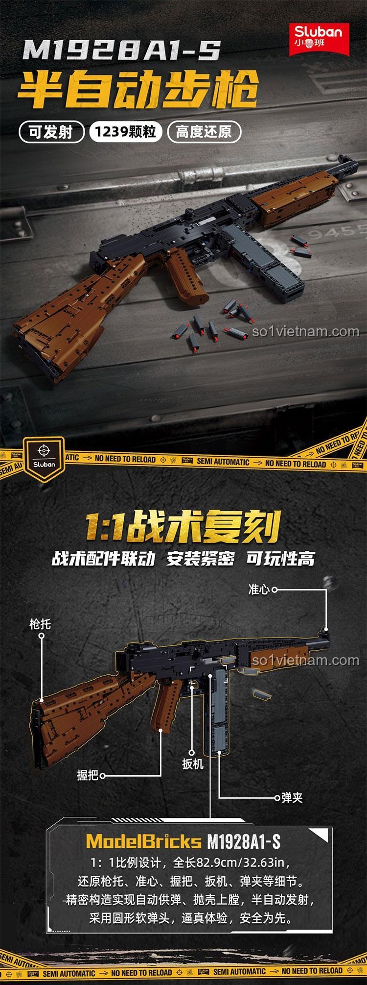 đồ chơi mô hình Súng Thompson bán tự động Sluban M38-B1351, mô tả tính năng bán tự động và kích thước 1:1, chi tiết cao.