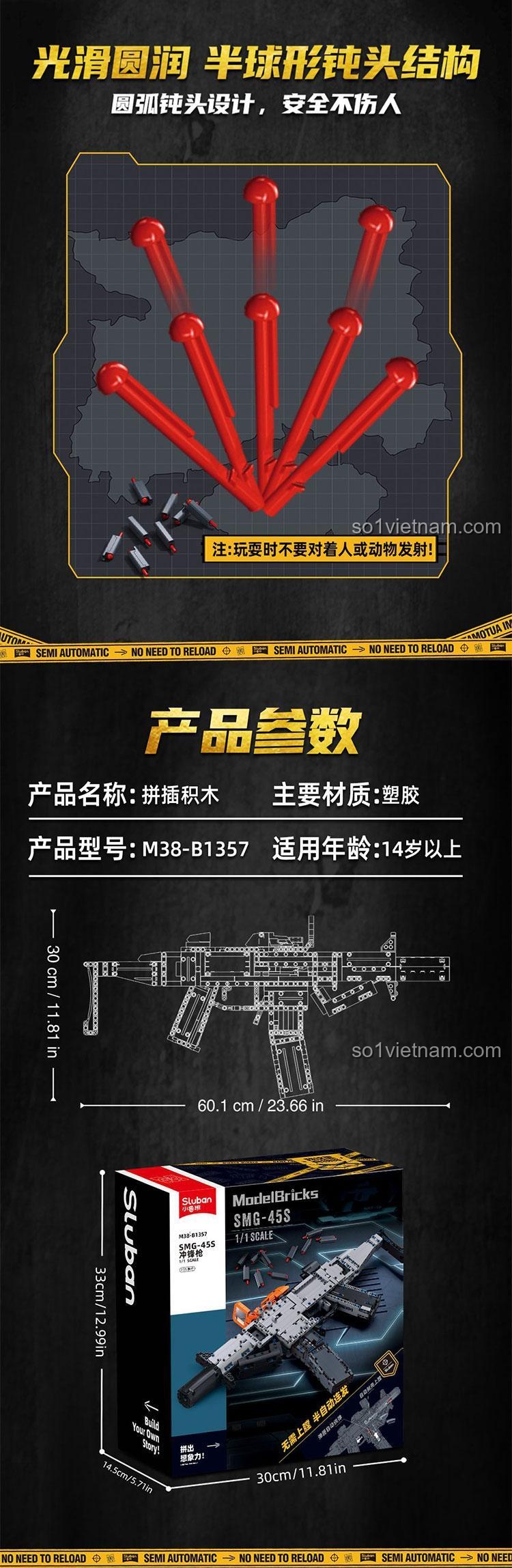 Kích thước chi tiết và tính năng an toàn của Súng tiểu liên SMG-45DS Sluban M38-B1357, chất liệu nhựa ABS cao cấp, phù hợp bé trai 14 tuổi.