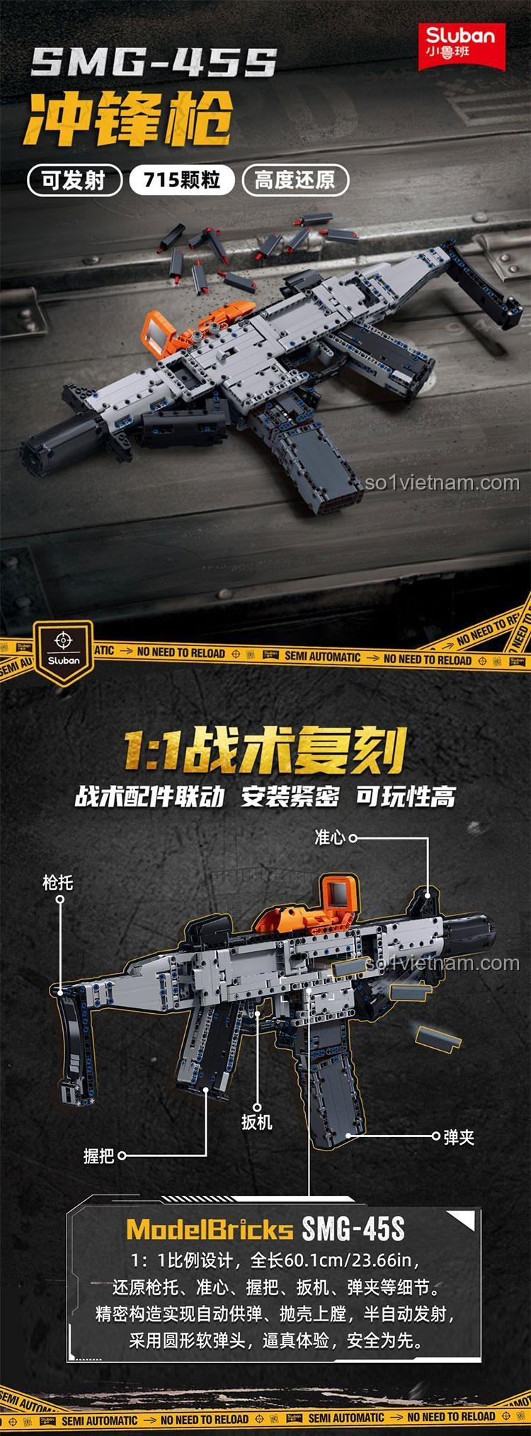 Đồ chơi lắp ráp Sluban M38-B1357 Súng tiểu liên SMG-45DS, tỉ lệ 1:1, tính năng bán tự động liên thanh, phù hợp bé trai 14 tuổi.