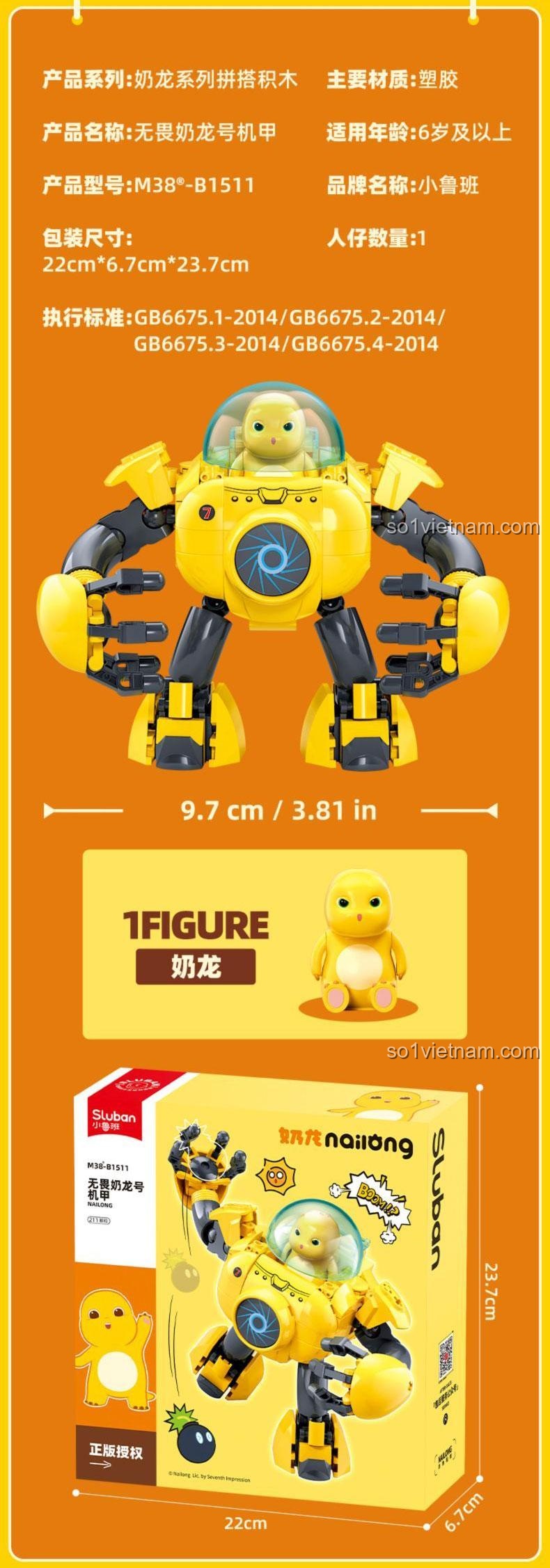 Bộ xếp hình Nai Long Không Ngại Hãi Sluban M38-B1511, đồ chơi lắp ráp Robot Vô Ưu kích thước 9.7cm, có 1 minifigure Nai Long