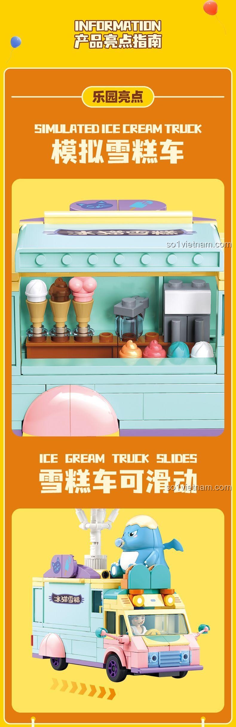 Chi tiết kem và đồ trang trí tinh xảo của bộ lắp ghép Xe Kem Nai Long Sluban M38-B1515, chất lượng cao, đáng tiền cho bé gái