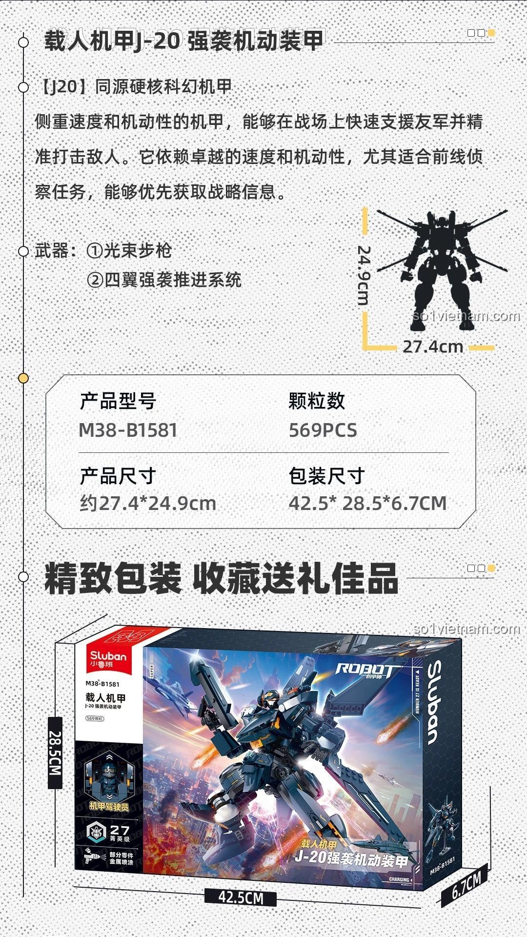 Kích thước hộp sản phẩm Sluban M38-B1581 Mô hình Robot J-20 Tấn công Cơ động