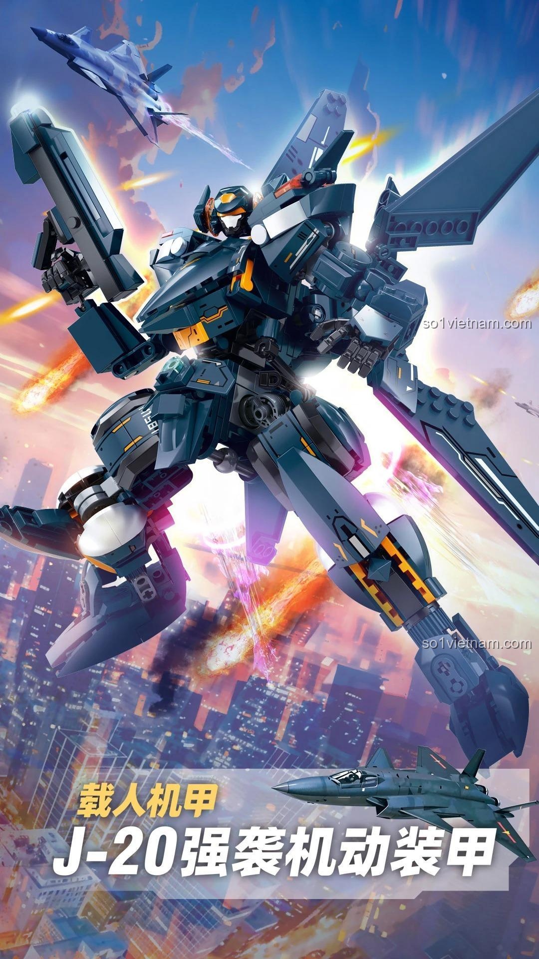 Mô hình Robot J-20 Tấn công Cơ động Sluban M38-B1581 lắp ráp hoàn chỉnh, với vũ khí và máy bay đi kèm