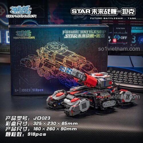 bộ lắp ghép Small Angle JD023 Chiến Hạm Tương Lai, hiển thị kích thước mô hình và hộp, đồ chơi lắp ráp cho bé trai 6 tuổi