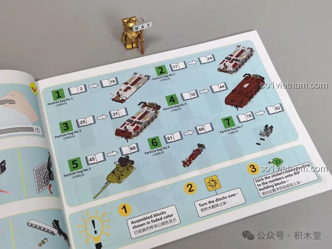 Sơ đồ các bước lắp ráp chính của bộ Xe Tăng Maus 12GO 98002, phân chia theo từng túi linh kiện.