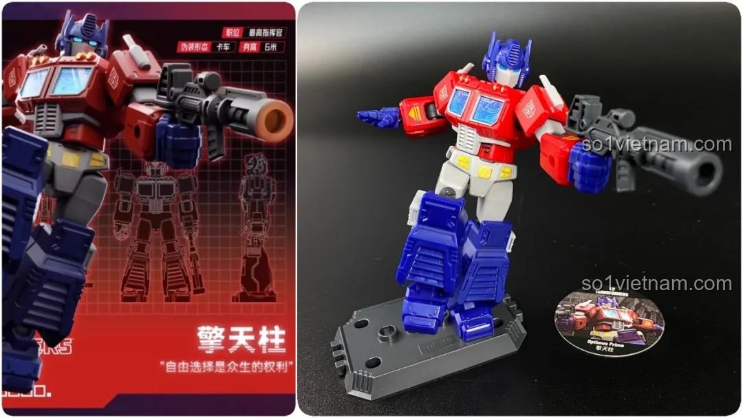 So sánh mô hình Optimus Prime G1 hoàn chỉnh với hình ảnh artwork trên thẻ bài.