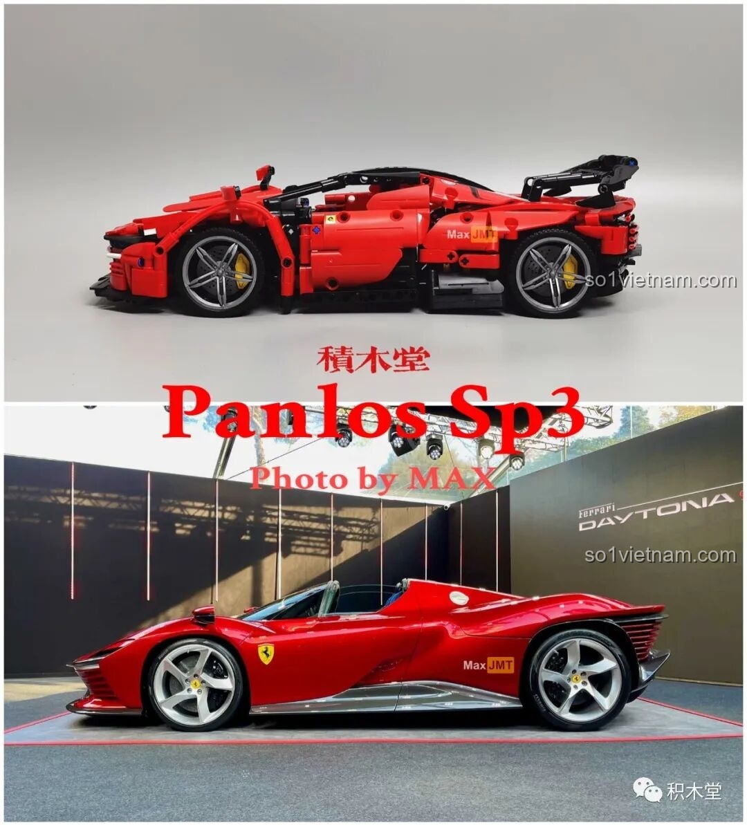 Hình ảnh so sánh trực quan giữa mô hình Panlos SP3 và siêu xe Ferrari Daytona SP3 thật.