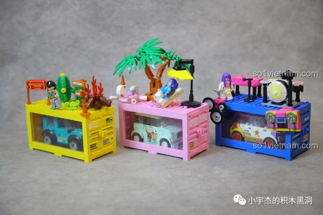 So sánh ba bộ mô hình Sembo 714508, 714509 và 714510 sau khi hoàn thành, màu sắc rực rỡ và đa dạng.