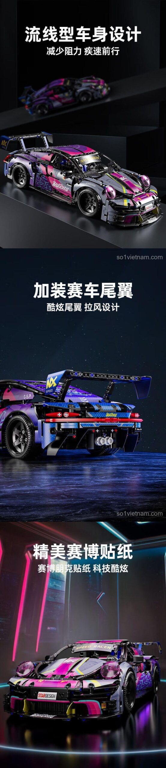 Mô hình xe đua Porsche 911 Cyberpunk 1:10 đã lắp ráp, nhìn từ phía sau, tỉ lệ 1:10, 50cm, 23cm, 15cm, màu đen, hồng, xanh dương, xám, vàng, phù hợp cho bé trai 6 tuổi, giá tốt, chất lượng cao, kỹ năng phối hợp tay mắt, tư duy hệ thống, giải quyết vấn đề, sáng tạo ý tưởng, kiên nhẫn, tập trung chi tiết, định hướng không gian