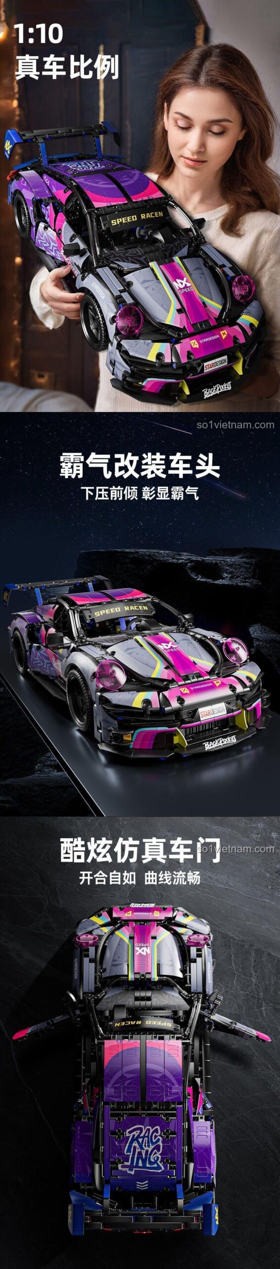 Mô hình xe đua Porsche 911 Cyberpunk 1:10 đã lắp ráp, nhìn từ bên cạnh, tỉ lệ 1:10, 50cm, 23cm, 15cm, màu đen, hồng, xanh dương, xám, vàng, phù hợp cho bé trai 6 tuổi, giá tốt, chất lượng cao, kỹ năng phối hợp tay mắt, tư duy hệ thống, giải quyết vấn đề, sáng tạo ý tưởng, kiên nhẫn, tập trung chi tiết, định hướng không gian