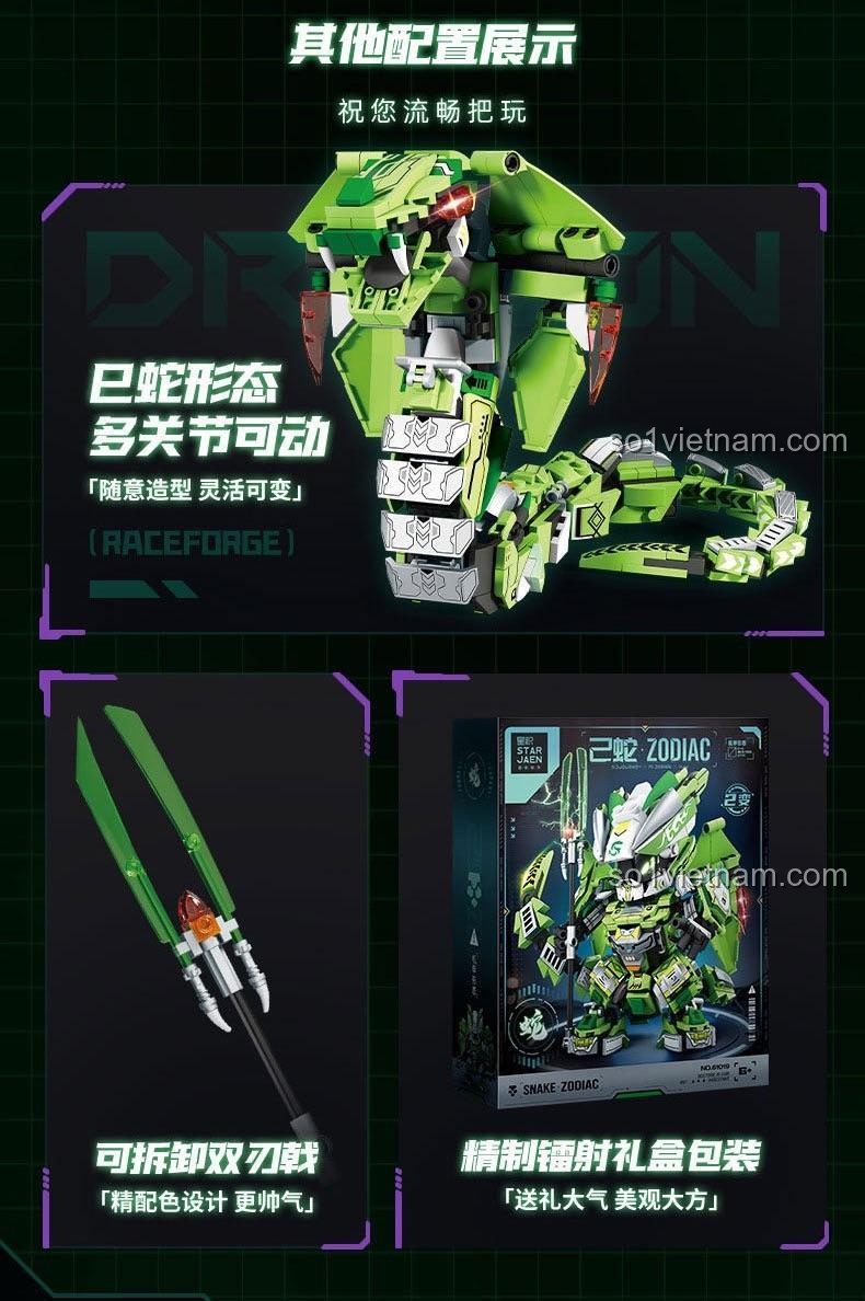 Chi tiết tính năng biến hình của bộ xếp hình Mecha Rắn Tỵ, cho thấy sự linh hoạt giữa hai dạng.