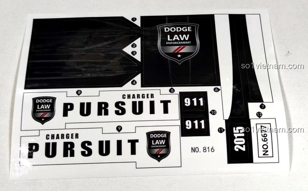 Tờ sticker decal chất lượng cao cho bộ Reobrix 816, bao gồm chữ PURSUIT, DODGE LAW và các ký hiệu cảnh sát.