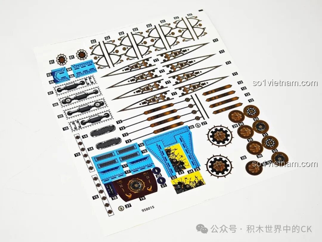 Tờ sticker đi kèm bộ lắp ráp Tàu bay cơ khí Steampunk ZHEGAO 958015 với các họa tiết bánh răng, máy móc.