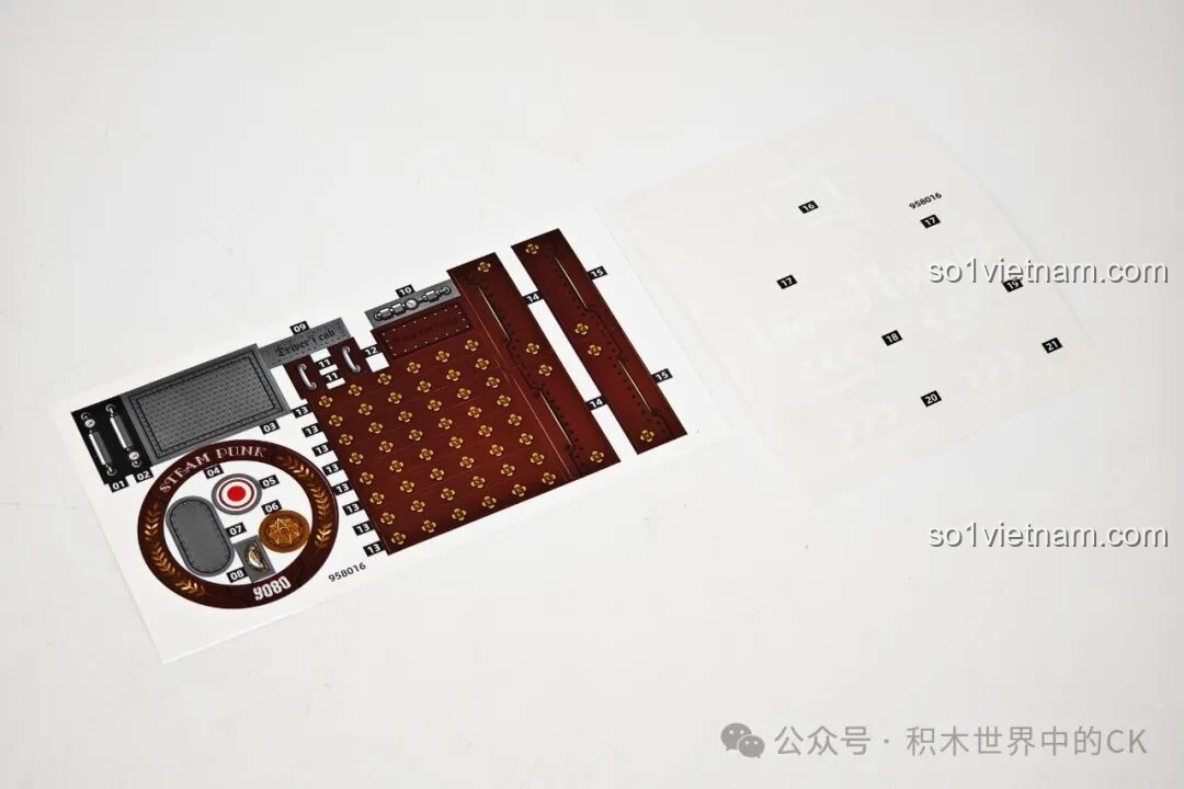 Tờ sticker đi kèm trong bộ lắp ghép ZHEGAO 958016 để trang trí cho mô hình Tàu Hỏa Steampunk thêm chi tiết.