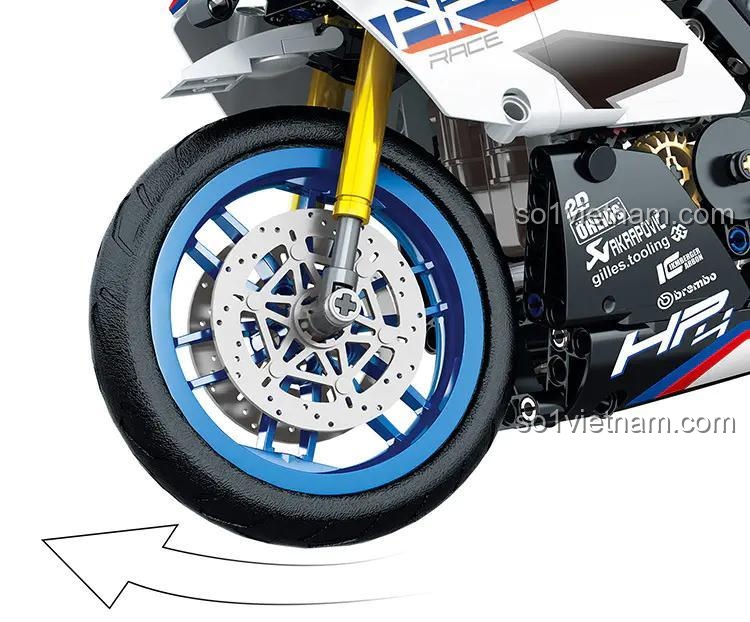 Chi tiết bánh trước Mô tô BMW HP4 SX 9075, đồ chơi lắp ghép SX9075, mô hình tỉ mỉ, cho bé trai 14 tuổi, giá rẻ