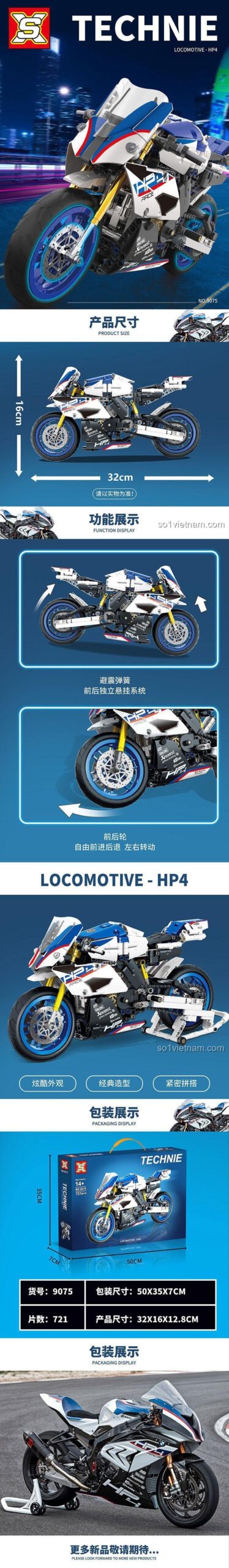 Thông số kỹ thuật Mô tô BMW HP4 SX 9075, mô hình 721 mảnh, kích thước 32x16x12.8cm, hệ thống treo độc lập, đồ chơi mô hình 9075, cho bé trai 14 tuổi