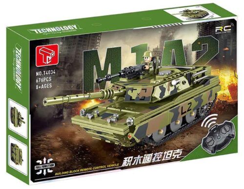 Hộp sản phẩm bộ đồ chơi xe tăng M1A2 điều khiển từ xa Taigole T4034 với 676 mảnh ghép, phù hợp cho bé trai 8 tuổi