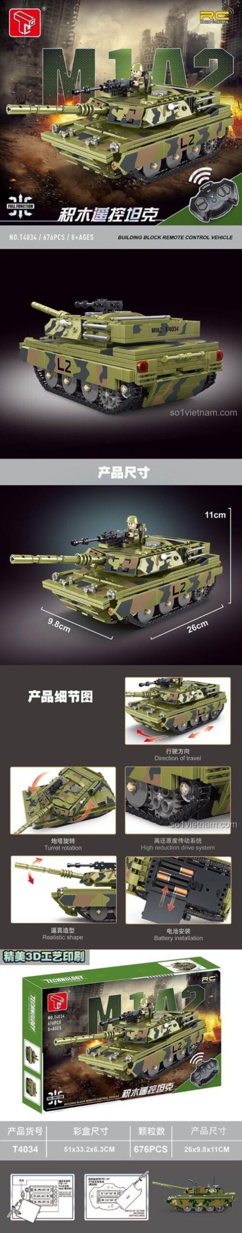 Mô hình xe tăng M1A2 điều khiển từ xa Taigole T4034, 676 mảnh ghép, có điều khiển từ xa và minifigure