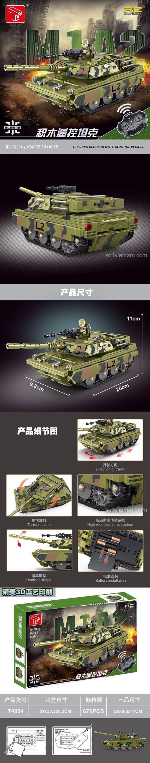 Mô hình xe tăng M1A2 điều khiển từ xa Taigole T4034, 676 mảnh ghép, có điều khiển từ xa và minifigure