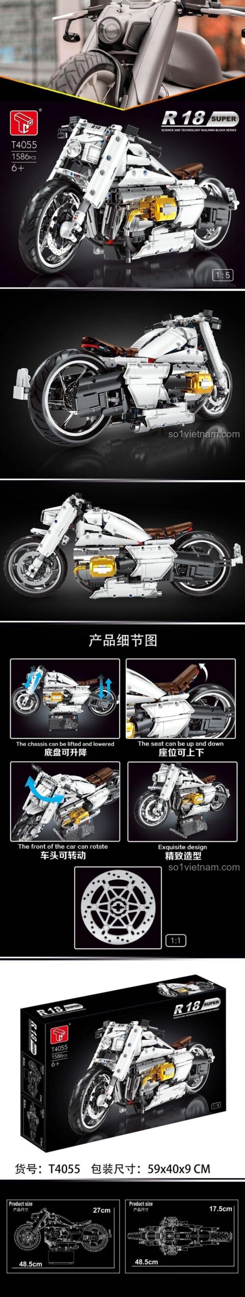 Mô hình mô tô R18 Taile T4055 màu trắng vàng đen, tỉ lệ 1:5, 1672 chi tiết, cho bé 6 tuổi
