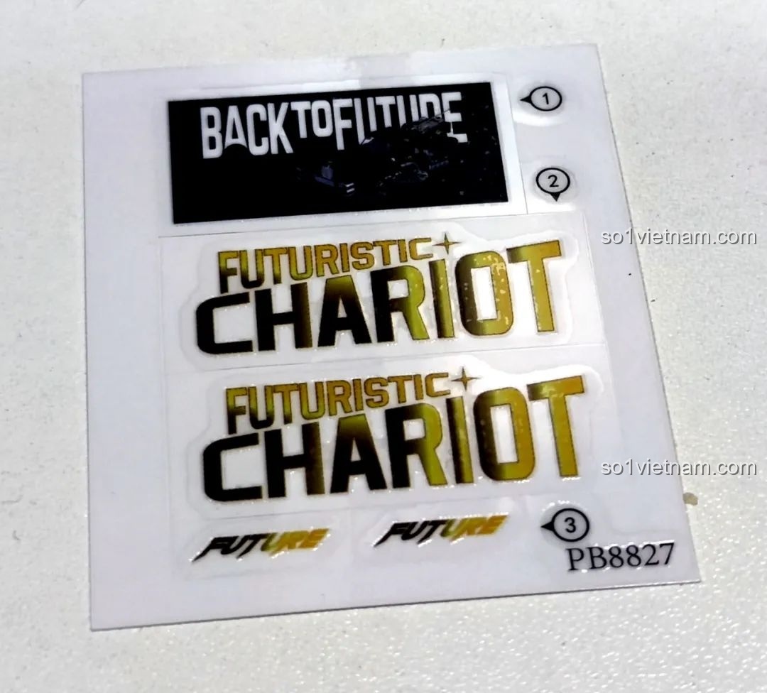 Tấm sticker đi kèm bộ Pinbo PB8827 với các decal chữ 'Futuristic Chariot' và 'Back To Future' màu vàng gold.