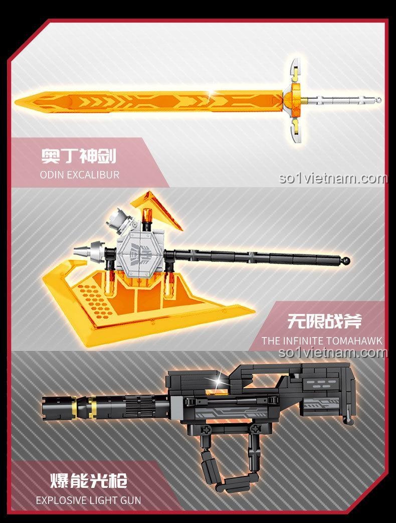 Chi tiết 3 vũ khí đi kèm bộ lắp ghép TANK 9207: Kiếm Thần Odin, Rìu Vô Hạn và Súng Ánh Sáng.