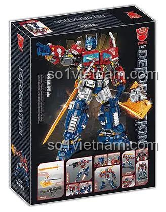 Mặt sau hộp đồ chơi TANK 9207, thể hiện các tư thế chiến đấu và vũ khí của Robot Optimus Prime.