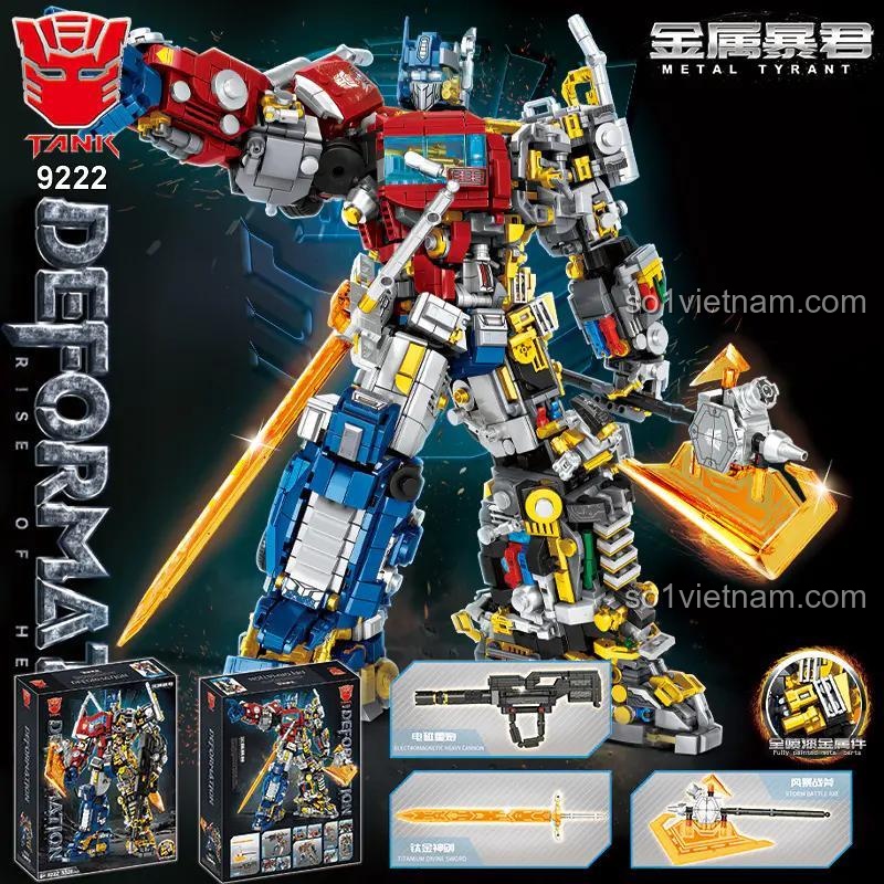 Chi tiết bộ lắp ráp Tank 9222 Robot Metal Tyrant và các vũ khí đi kèm như kiếm, rìu. Đồ chơi sáng tạo cho bé trai.