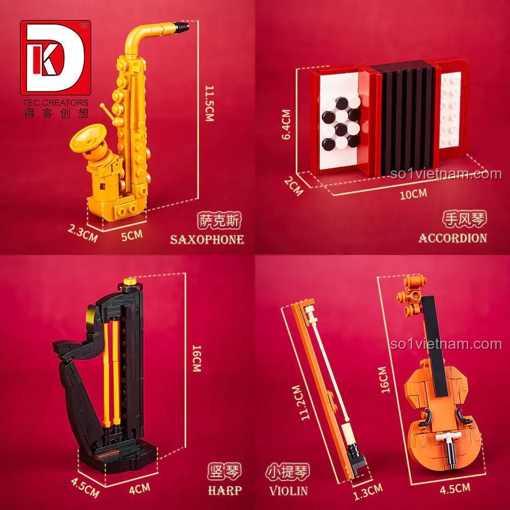 đồ chơi xếp hình Mô Hình Ban Nhạc TEC CREATORS 5023, các nhạc cụ saxophone, accordion, đàn hạc, violin với kích thước chi tiết, phù hợp bé trai bé gái 8 tuổi.