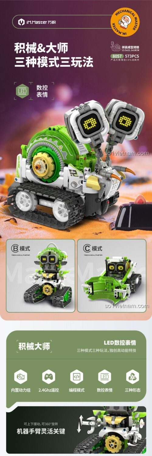 Hộp sản phẩm Tên lửa Tốc độ Cao 8057, có hình ảnh mô hình, thông tin 3 mẫu lắp ráp, điều khiển từ xa, màn hình LED, đồ chơi STEM