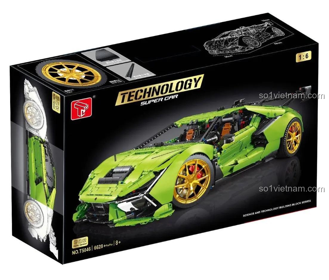 Hộp sản phẩm bộ xếp hình Siêu xe Aventador SVJ TGL T5046, thể hiện rõ mô hình xe và số chi tiết 6628 mảnh.