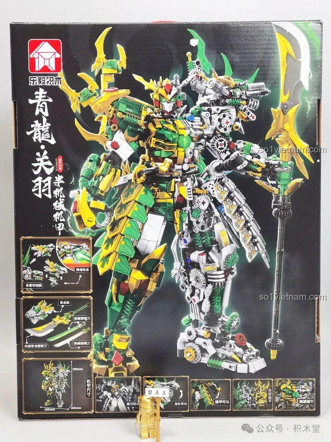 Mặt sau hộp mô hình Thanh Long Quan Vũ Bán Cơ Khí Giáp 62036, giới thiệu các chi tiết và tính năng.